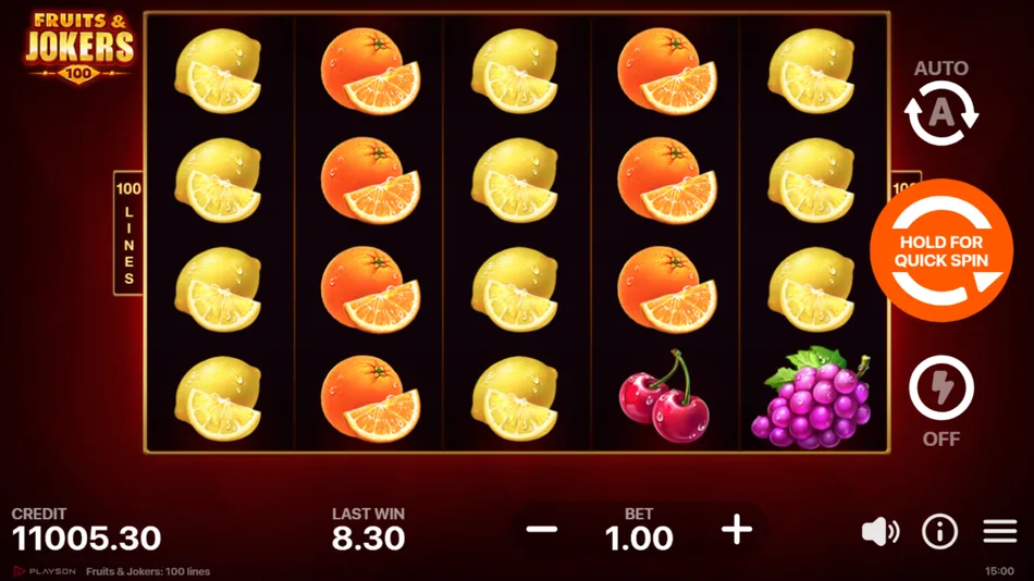Fruits & Jokers: 100 Lines base game with a full 5x4 grid and the 100-line panel visible