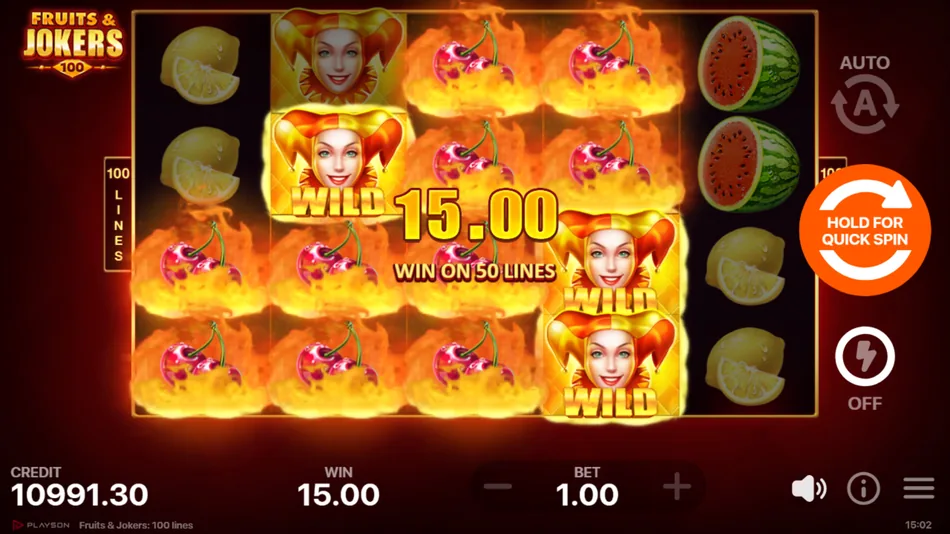 Joker Wild symbol substituting on a winning payline in Fruits & Jokers: 100 Lines