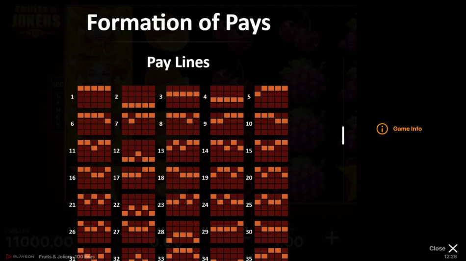 Paytable screen showing the full 1 to 100 fixed paylines diagram